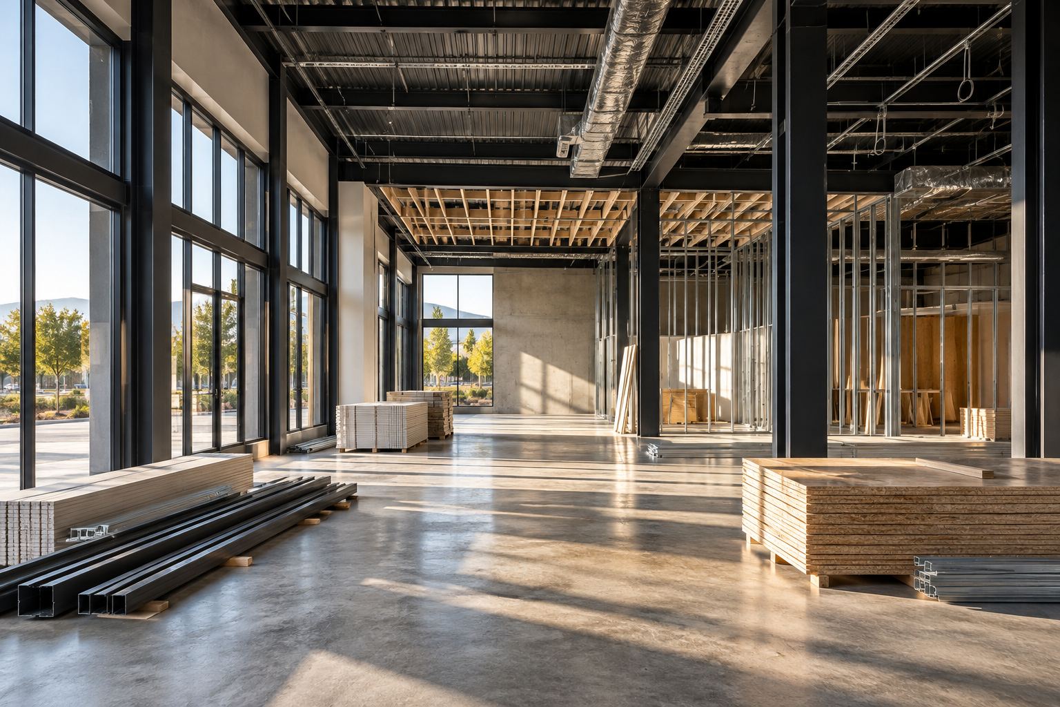 Architectural concept showing an open commercial interior during fit-out